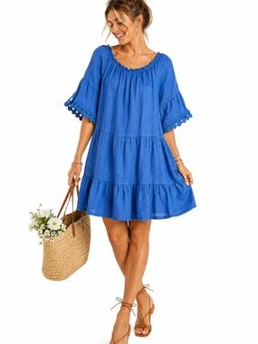 Terzo millennio womens Linen Dress Size Large Blue Embroidered Lace Tiered Loose
